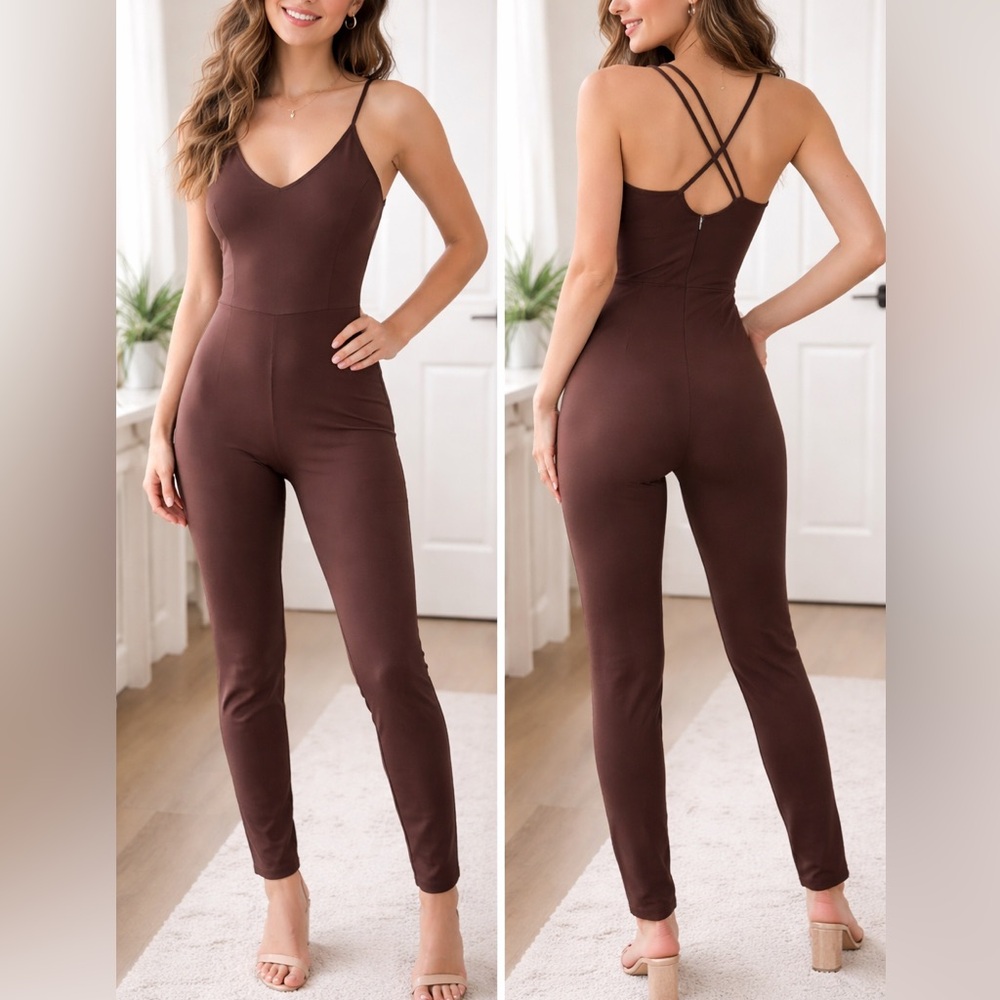 New with tag, Chocolate Brown Strappy Back Jumpsuit | Sleek Fitted One-Piece